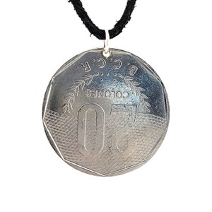 Costa Rica Coin Necklace, 20 Colones, Coin Pendant, Leather Cord, Mens Necklace, Womens Necklace, 1983, 1985 image 5