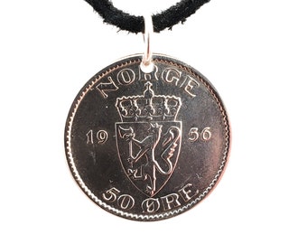 Norway Coin Necklace, Coin Pendant, 50 Ore, Mens Necklace, Womens Necklace, Lion, Leather Cord, Handmade, 1953, 1956, 1957 Vintage