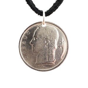 Belgium Coin Necklace, 5 Francs, Ceres, Leather Cord, Handmade, Mens Necklace, Womens Necklace, 1950