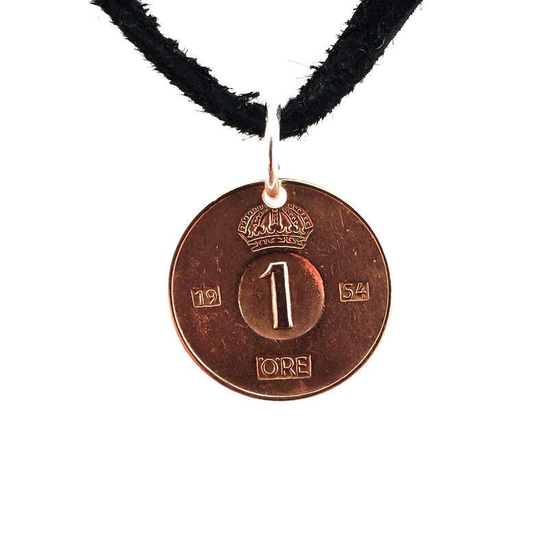 Small Swedish Coin Necklace, 1 Ore, Coin Pendant, Mens Necklace, Womens Necklace, Leather Cord, Birth Year, 1954, Vintage image 4