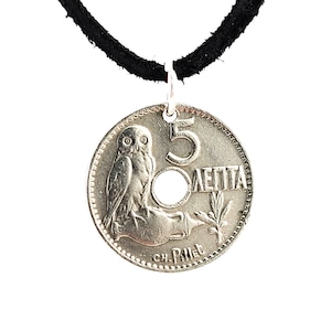 Greek Owl Coin Necklace, Pendant, Mens Necklace, Womens Necklace, Leather Cord, 1912, Vintage, Handmade