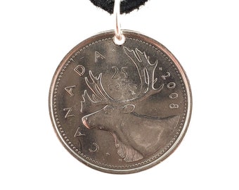 Caribou Coin Necklace, Canadian 25 Cents, Coin Pendant, Men's Necklace, Women's Necklace, 2007, 2008