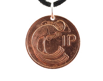 Irish Coin Necklace, Irish Harp, Bird Coin, 1 Penny, Coin Pendant, Leather Cord, Men's Necklace, Women's Necklace, 1980, 1982, 1985