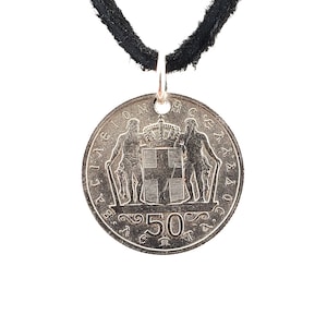 Greek Coin Necklace, 50 Lepta, Coin Pendant, Mens Necklace, Womens Necklace, Leather Cord, 1962, 1964, 1966,  Vintage
