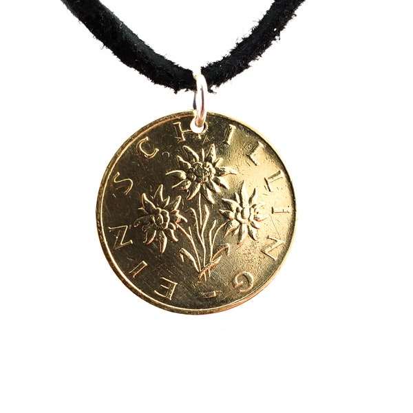 Edelweiss Coin Necklace, Austrian 1 Schilling, Coin Pendant, Flower, Leather Cord, Mens Necklace, Womens Necklace, 1983, 1984, 1986, 1988