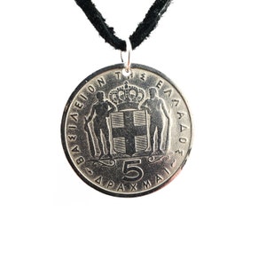 Greek Coin Necklace, 5 Drachmai, Coin Pendant, Leather Cord, Men's Necklace, Women's Necklace, 1954
