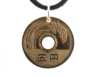 Lucky Japanese Coin Necklace, 5 Yen, Coin Pendant, Mens Necklace, Womens Necklace, Leather Cord, Vintage, Good Luck, 1980 1981 1982 1989