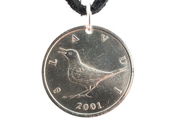 Croatia Bird Coin Necklace, Nightingale, 1 Kuna, Mens Necklace, Womens Necklace, Leather Cord, Vintage, Handmade, 2001, 2007, 2009