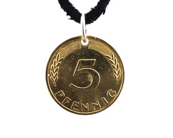 German Coin Necklace, 5 Pfennig, Coin Pendant, Leather Cord, Mens Necklace, Womens Necklace, 1950