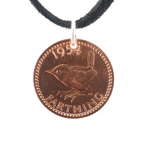 Farthing Coin Necklace, England, Bird Pendant, Leather Cord, Mens Necklace, Womens Necklace, 1950, 1951, 1952, 1953, 1954, 1955, Vintage