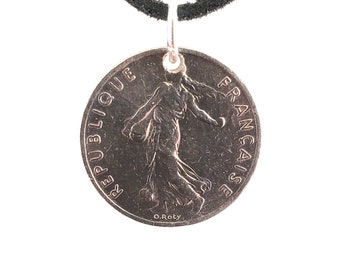 French Coin Necklace, 1/2 Franc, Coin Pendant, Mens Necklace, Womens Necklace, Leather Cord, 1977, 1978