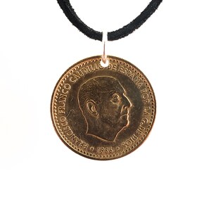 Spanish Coin Necklace, 1 Peseta, Coin Pendant, Leather Cord, Handmade, Mens Necklace, Womens Necklace, 1963, 1966
