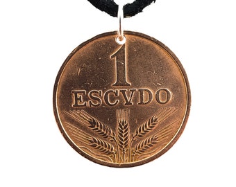 Portugal Coin Necklace, 1 Escudo, Coin Pendant, Leather Cord, Mens Necklace, Womens Necklace, Coin Jewelry, 1969