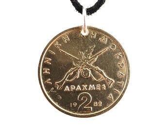 Greek Coin Necklace, 2 Drachmes, Coin Pendant, Crossed Rifles, Leather Cord, Men's Necklace, Women's Necklace, 1980, 1982, 1986