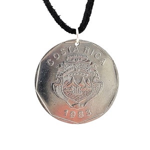 Costa Rica Coin Necklace, 20 Colones, Coin Pendant, Leather Cord, Mens Necklace, Womens Necklace, 1983, 1985 image 2