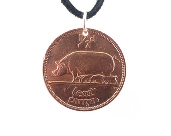 Irish Coin Necklace, 1/2 Pingin, Coin Pendant, Pig Coin, Leather Cord, Celtic, Mens Necklace, Womens Necklace, 1964, Vintage