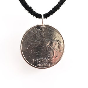 Norway Horse Coin Necklace, 1 Krone, Mens Necklace, Womens Necklace, Leather Cord, Vintage, Handmade, 1970