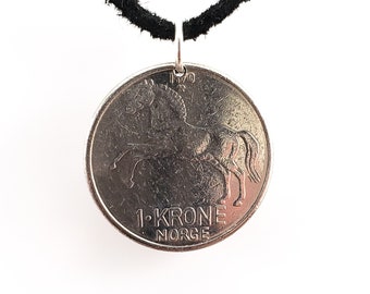 Norway Horse Coin Necklace, 1 Krone, Mens Necklace, Womens Necklace, Leather Cord, Vintage, Handmade, 1970