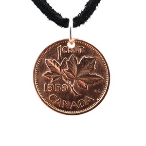 Maple Leaf Coin Necklace, Canadian 1 Cent, Penny, Leather Cord, Mens Necklace, Womens Necklace, 1950 1951 1952 1953 1955 1956 1957 1959