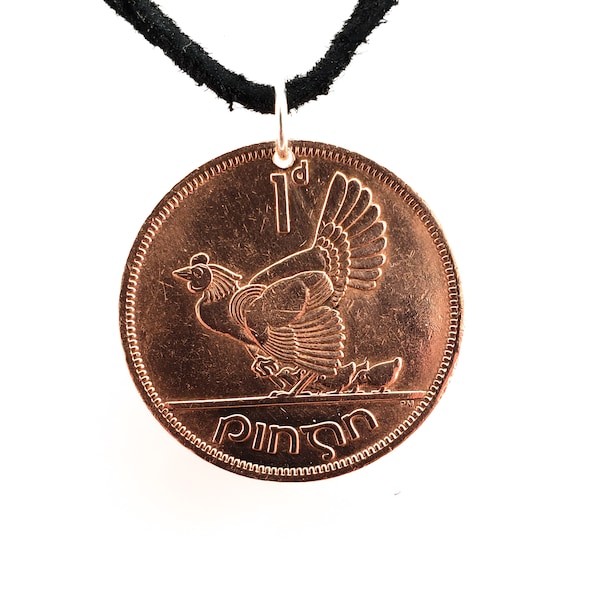 Irish Coin Necklace, 1 Pingin, Coin Pendant, Mens Necklace, Womens Necklace, Leather Cord, Vintage, 1963, 1965, 1966, Celtic