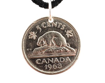 Beaver Coin Necklace, Canadian 5 Cent, Coin Pendant, Leather Cord, Men's Necklace, Women's Necklace, 1960 1961 1962 1963 1964 1968 1969