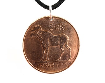 1959 Norwegian Coin Necklace, 5 Ore, Moose, Elk, Mens Necklace, Womens Necklace, Leather Cord, Vintage