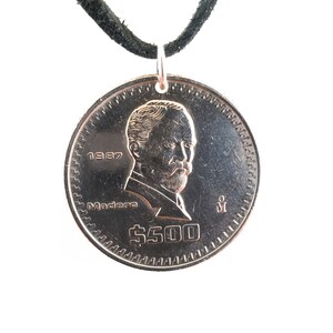 Mexican Coin Necklace, 500 Pesos, Coin Pendant, Leather Cord, Handmade, Mens Necklace, Womens Necklace, 1987