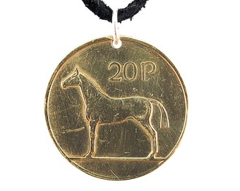 Irish Horse Coin Necklace, 20 Pence, Coin Pendant, Leather Cord, Mens Necklace, Womens Necklace, Birth Year, 1992, 1996