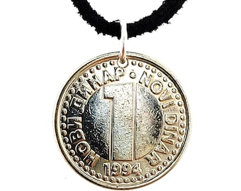 Yugoslavia Coin Necklace, 1 Dinar, Coin Pendant, Mens Necklace, Womens Necklace, Leather Cord, Birth Year, 1994