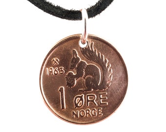Small Squirrel Coin Necklace, Norway 1 Ore, Mens Necklace, Womens Necklace, Coin Pendant, Leather Cord, Birth Year, 1961 1962 1965 1969