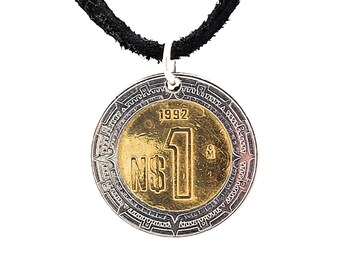 Mexican Coin Necklace, 1 Peso, Coin Pendant, Mens Necklace, Womens Necklace, Leather Cord, 1992, 1999