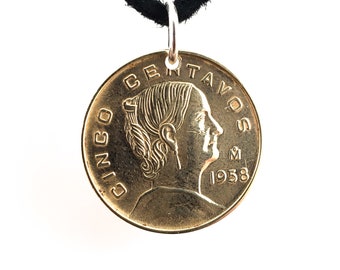 Mexican Coin Necklace, 5 Centavos, Mens Necklace, Womens Necklace, Coin Pendant, Leather Cord, Birth Year, 1956, 1958, 1959