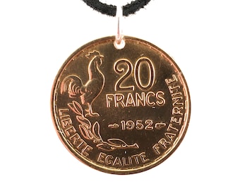 French Coin Necklace, 20 Francs, Mens Necklace, Womens Necklace, Coin Pendant, Leather Cord, 1950, 1951, 1952, 1953, Vintage