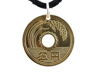 Lucky Japanese Coin Necklace, 5 Yen, Coin Pendant, Mens Necklace, Womens Necklace, Leather Cord, Good Luck, Vintage 1990 1991 1993