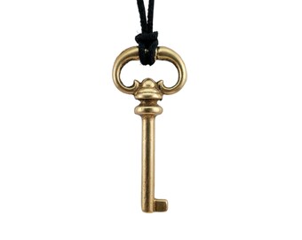 Skeleton Key Necklace, Vintage Brass, Hollow, Mens Necklace, Womens Necklace, Leather Cord, Handmade, Leather Cord, Steampunk
