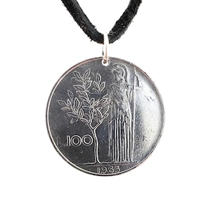 Italian Coin Necklace, Coin Pendant, 100 Lire Leather Cord, Mens Necklace, Womens Necklace, Vintage, 1960, 1965, 1966, 1968, 1969,