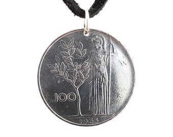 Italian Coin Necklace, Coin Pendant, 100 Lire Leather Cord, Mens Necklace, Womens Necklace, Vintage, 1960, 1965, 1966, 1968, 1969,