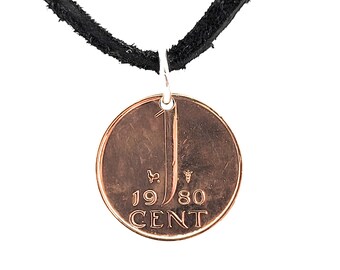 Netherlands Coin Necklace, 1 Cent, Coin Pendant, Leather Cord, Mens Necklace, Womens Necklace, Birth Year, 1980