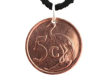 South Africa Coin Necklace, Coin Pendant, 5 Cents, Mens Necklace, Womens Necklace, Leather Cord, Handmade, 2002, 2003, 2004, 2009