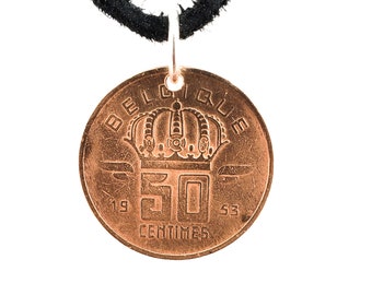 Belgium Coin Necklace, 50 Centimes, Coin Pendant, Leather Cord, Mens Necklace, Womens Necklace, Birth Year, 1953