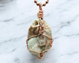 Natural Aragonite Slice Pendant, Necklace, Wire Wrapped, Mens Necklace, Womens Necklace, Copper Wire,  Handmade, Raw, Crystal, Gemstone