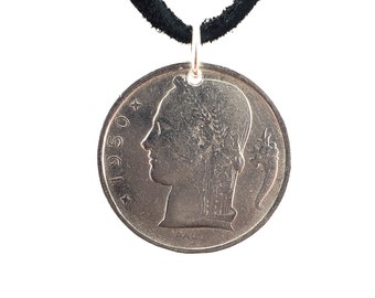 Belgium Coin Necklace, 5 Francs, Mens Necklace, Womens Necklace, Coin Pendant, Leather Cord, Birth Year, 1950