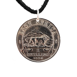 East African Lion Coin Necklace, 1 Shilling, Mens Necklace, Womens Necklace, Coin Pendant, Leather Cord, Birth Year, 1950