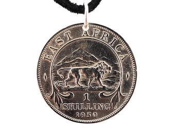 East African Lion Coin Necklace, 1 Shilling, Mens Necklace, Womens Necklace, Coin Pendant, Leather Cord, Birth Year, 1950