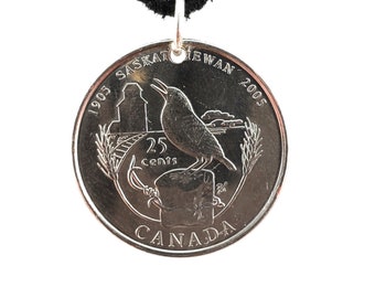 Canadian Coin Necklace, 25 Cents, Meadowlark, Mens Necklace, Womens Necklace, Coin Pendant, Leather Cord, Birth Year, 2005