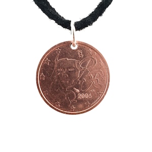 French Coin Necklace, 2 Euro Cents, Coin Pendant, Men&#39;s Necklace, Women&#39;s Necklace, Leather Cord, 2006