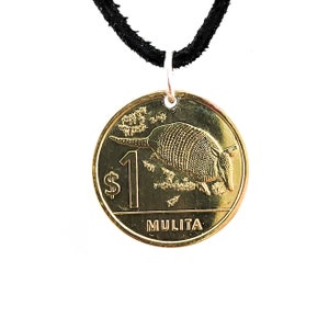 Uruguay Coin Necklace, 1 Peso, Mens Necklace, Womens Necklace, Coin Pendant, Leather Cord, Armadillo, Handmade, 2012