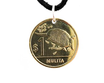 Uruguay Coin Necklace, 1 Peso, Mens Necklace, Womens Necklace, Coin Pendant, Leather Cord, Armadillo, Handmade, 2012