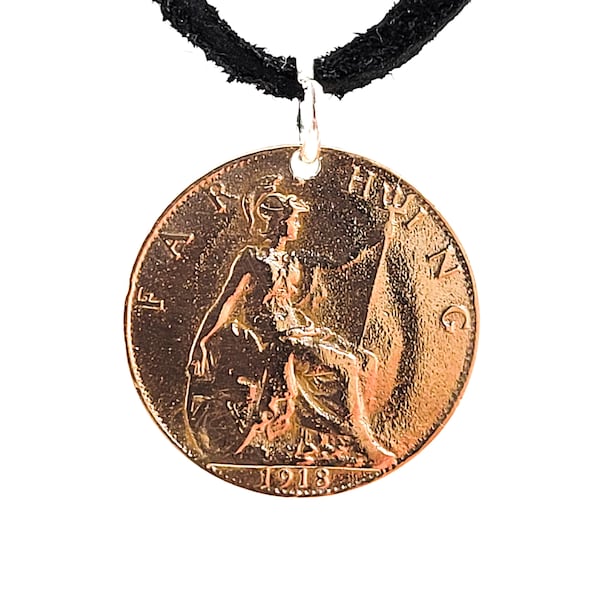 English Farthing Coin Necklace, Pendant, Mens Necklace, Womens Necklace, Leather Cord 1913, 1916, 1918, Handmade, Vintage, Antique