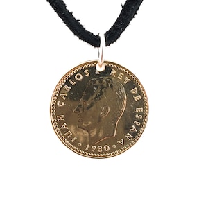 Spanish Coin Necklace, 1 Peseta, Coin Pendant, Mens Necklace, Womens Necklace, Leather Cord, Handmade, Birth Year, 1980, Vintage